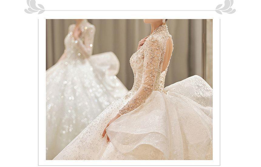 Long-Sleeve Sequin Open Back Wedding Ball Gown Product Image