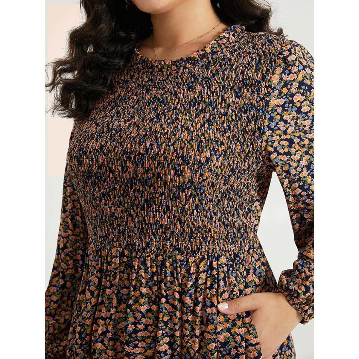 Plus Size Ditsy Floral Shirred Pocket Pleated Frill Trim Dress Indigo Women Elegant Elastic cuffs Round Neck Long Sleeve Curvy Midi Dress BloomChic 10/M Product Image