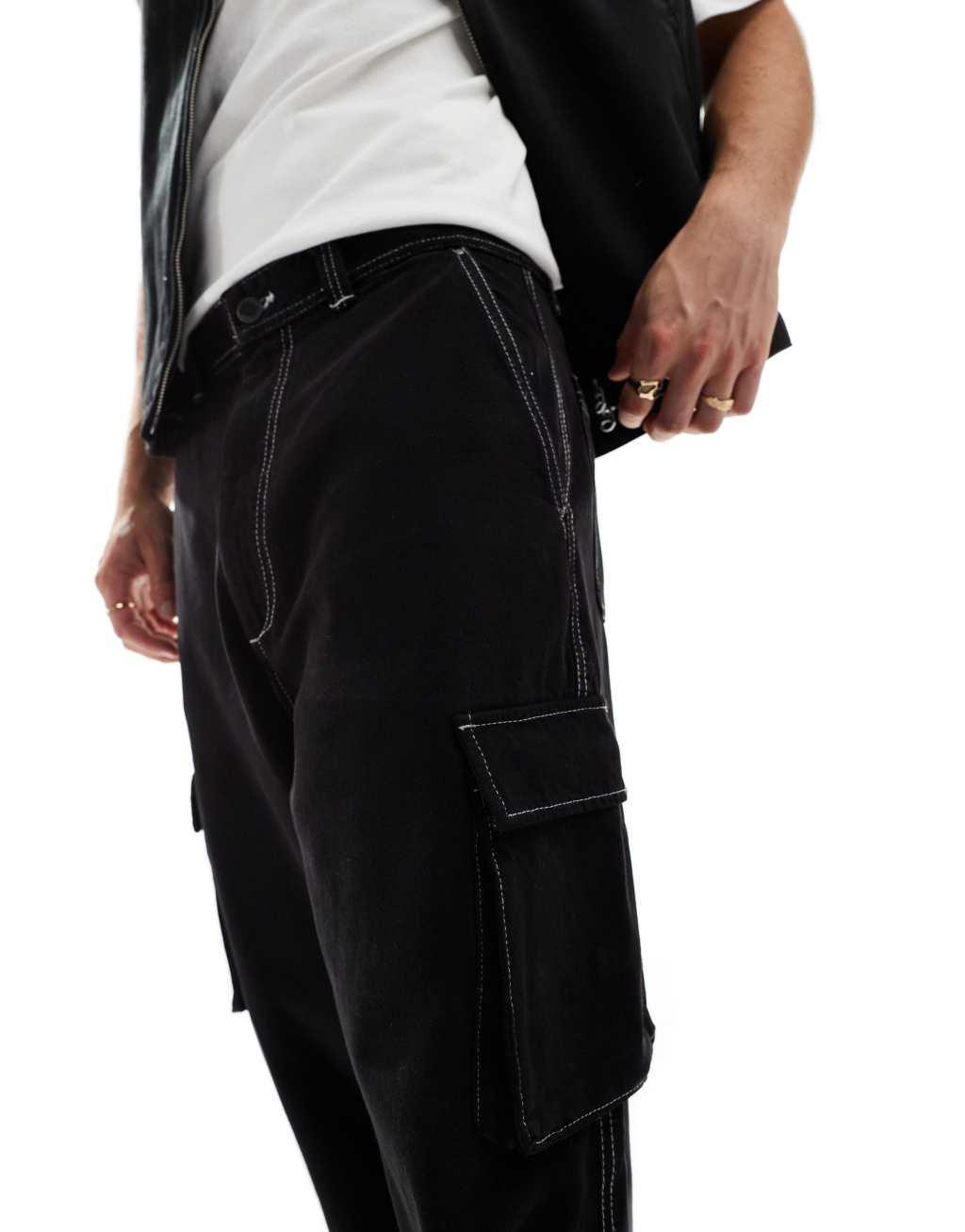 Bershka contrast stitch cargo pants in black Product Image
