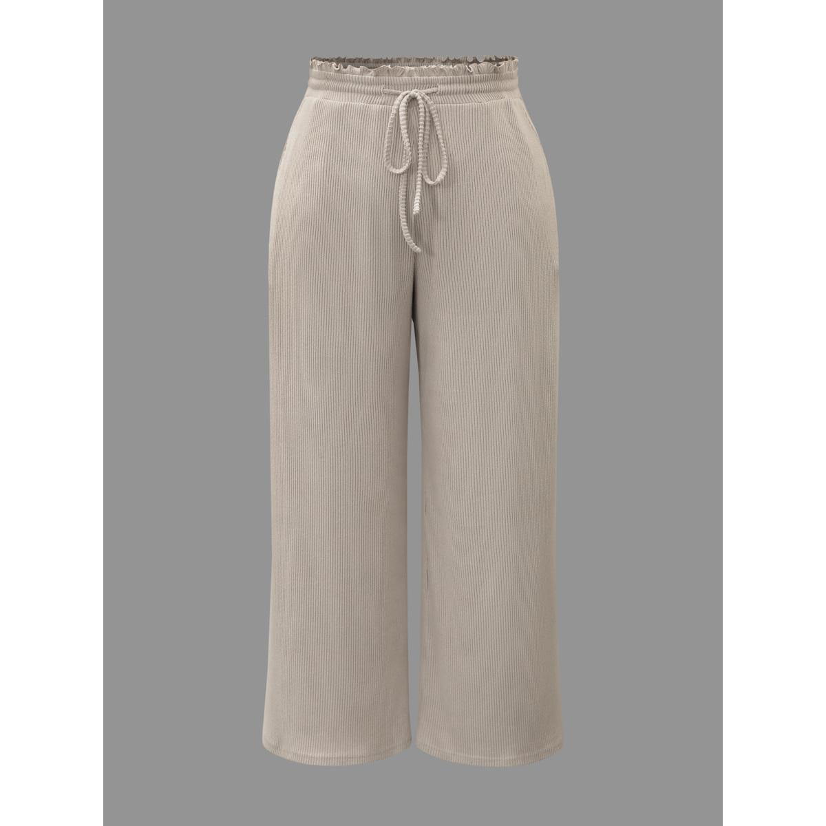Plus Size Solid Drawstring Fit Stretch Pants Women Apricot Casual Wide Leg Mid Rise Everyday Pants BloomChic 22-24/3X Product Image