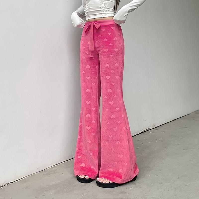 Low Waist Heart Print Velvet Straight-Fit Wide-Leg Pants Product Image