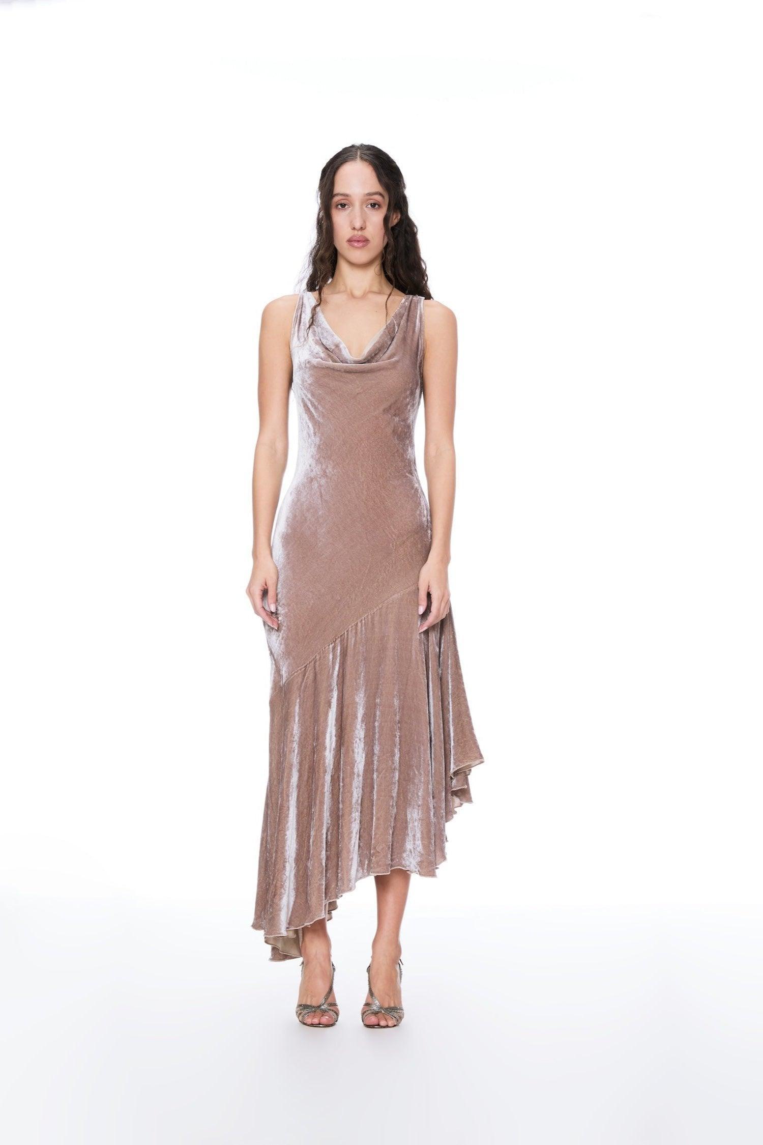 BLUSH DRAPED VELVET MAXI DRESS Product Image