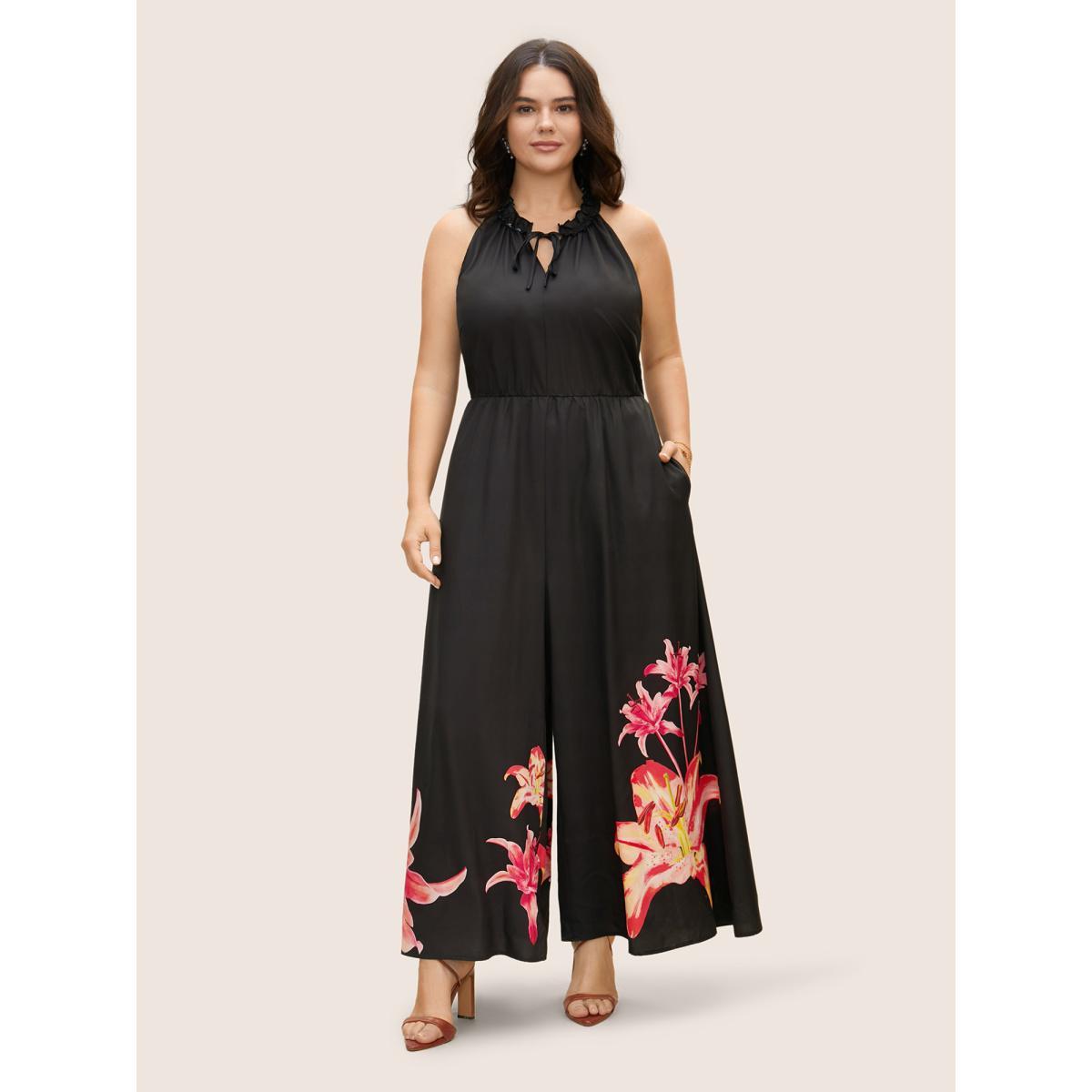 Plus Size Black Lily Print Frill Trim Tie Knot Jumpsuit Women Elegant Sleeveless Round Neck Everyday Loose Jumpsuits BloomChic 12/L Product Image