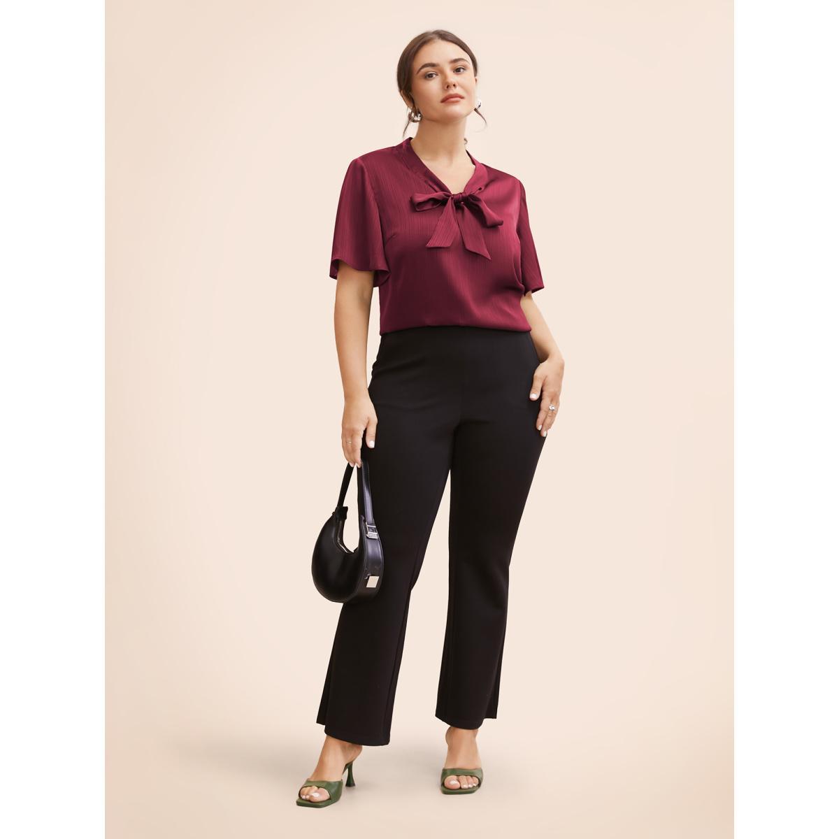 Plus Size Burgundy Plain Knot Neck Ruffle Sleeve Blouse Women Office Short sleeve Ribbon-tied collar Work Blouses BloomChic 26/4X Product Image