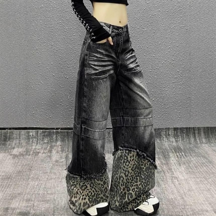 High Waist Leopard Print Wide Leg Jeans Product Image