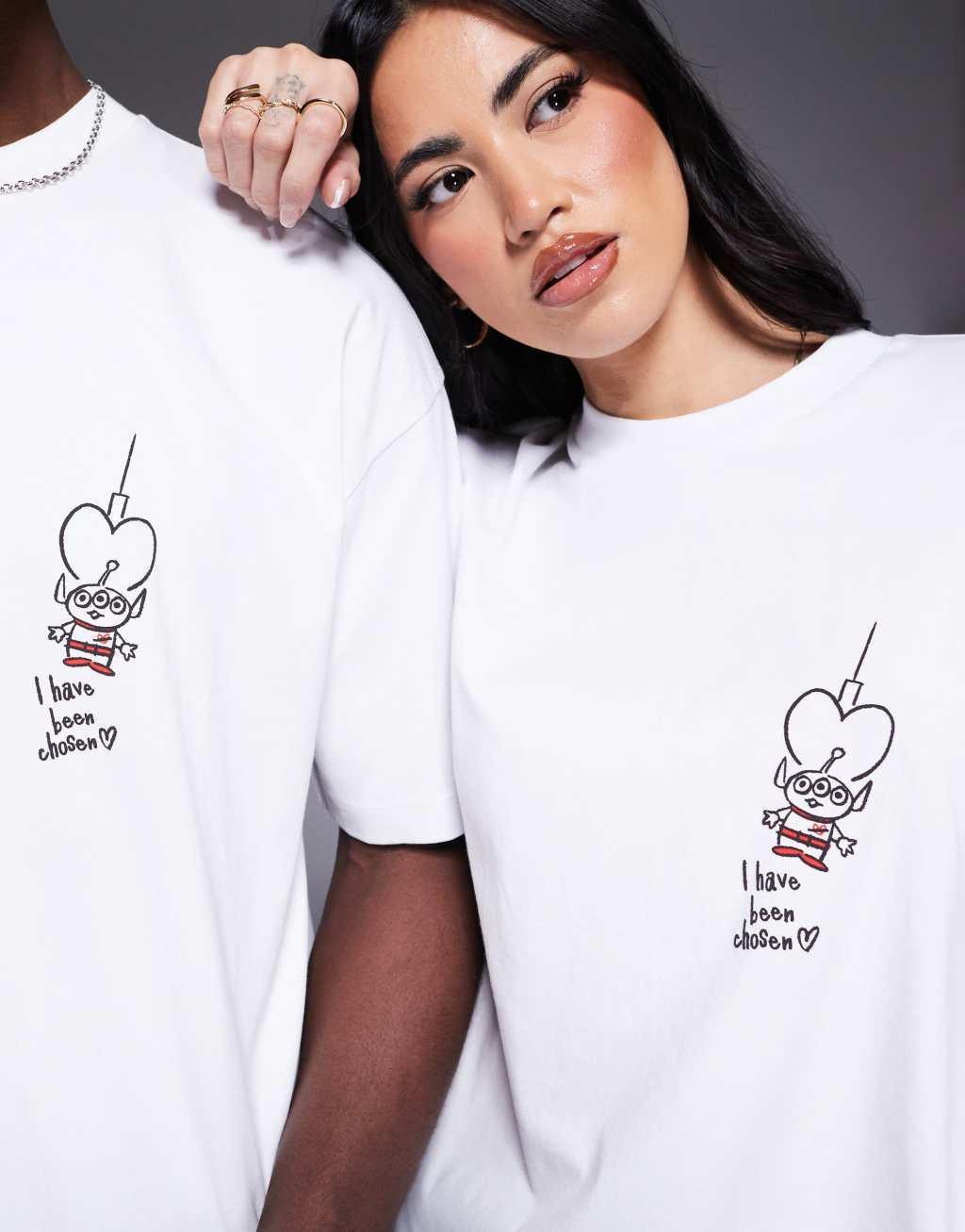 ASOS DESIGN Disney Pixar boxy oversized T-shirt with Toy Story Aliens prints in white Product Image