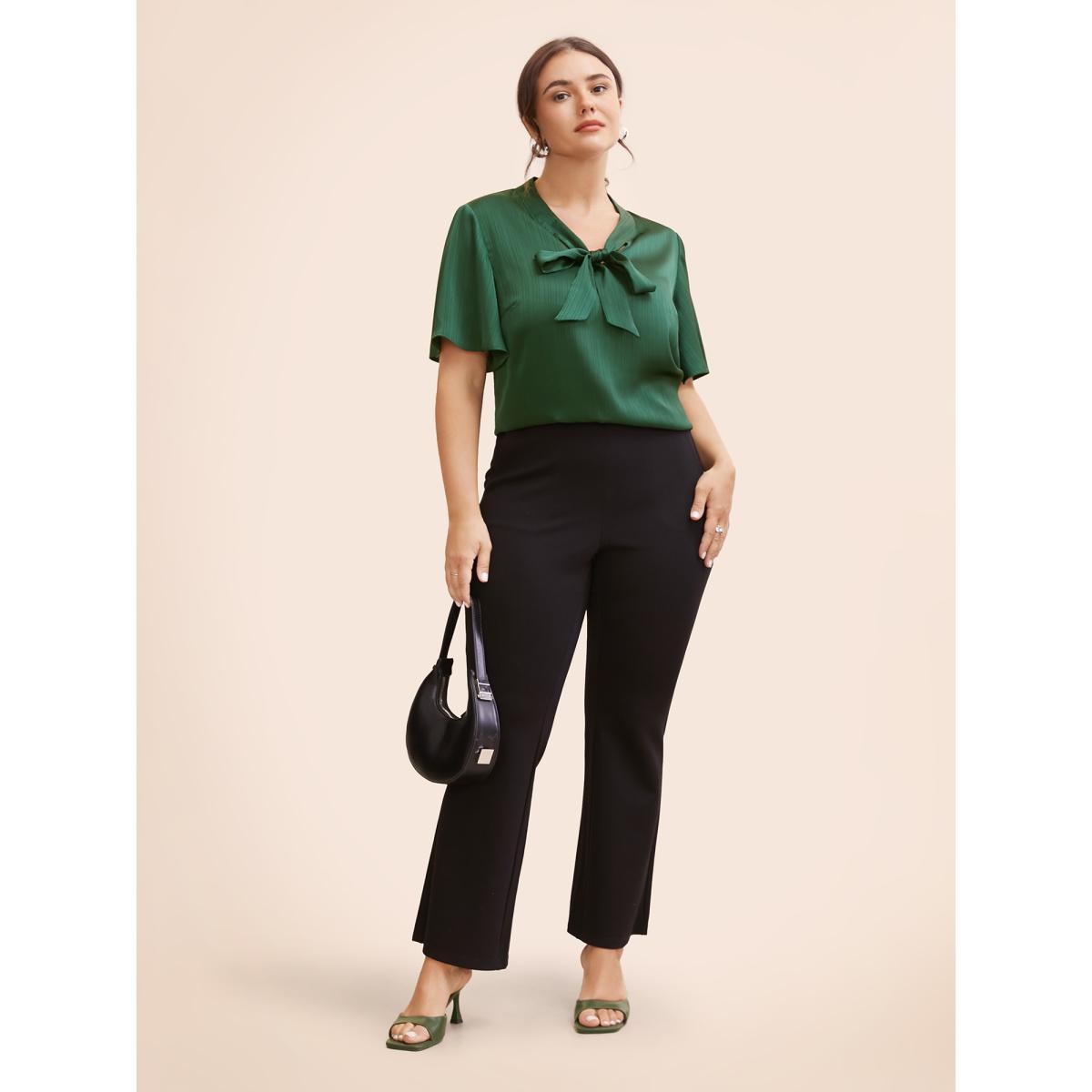 Plus Size DarkGreen Plain Knot Neck Ruffle Sleeve Blouse Women Office Short sleeve Ribbon-tied collar Work Blouses BloomChic 22-24/3X Product Image