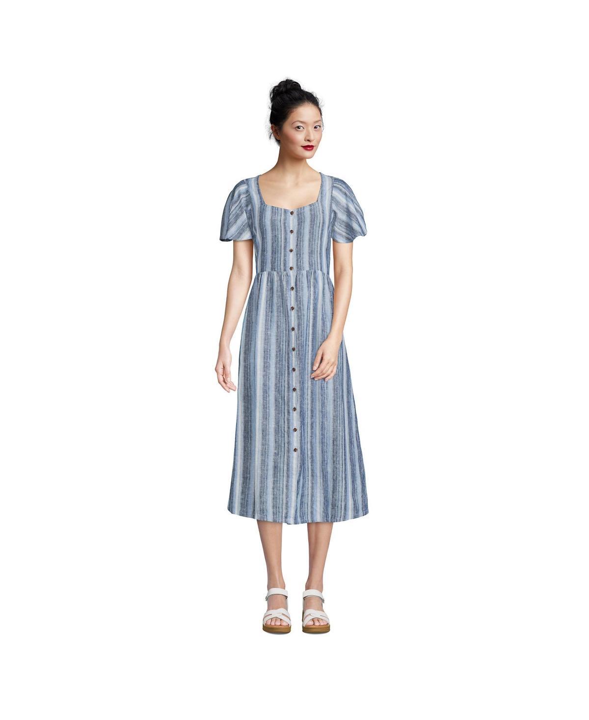 Petite Lands End Linen Sweetheart Button Front Midi Dress, Womens Product Image
