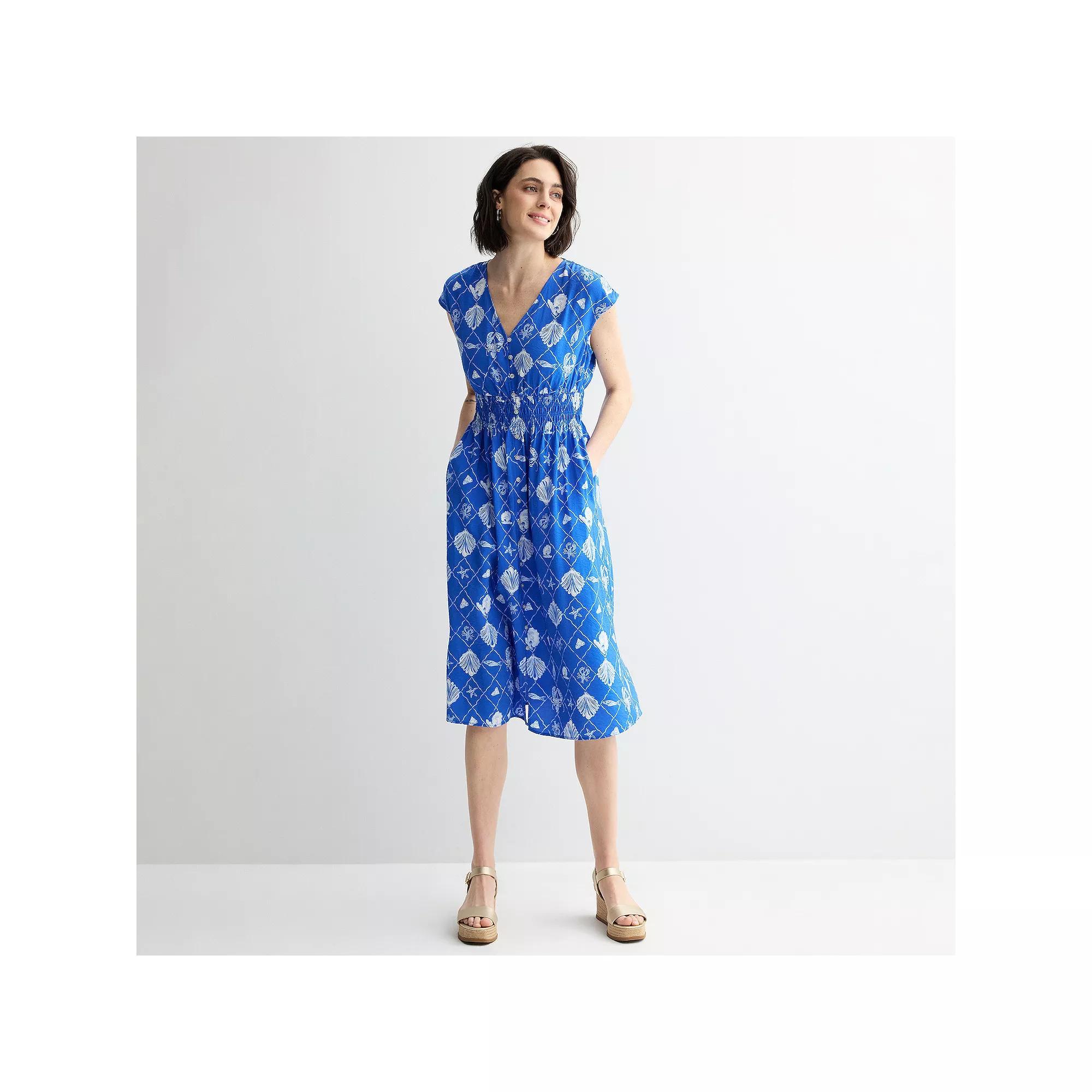 Women's Sonoma Goods For Life® Smock Button Through Midi Dress, Size: Medium, Blue Nautical Print Product Image