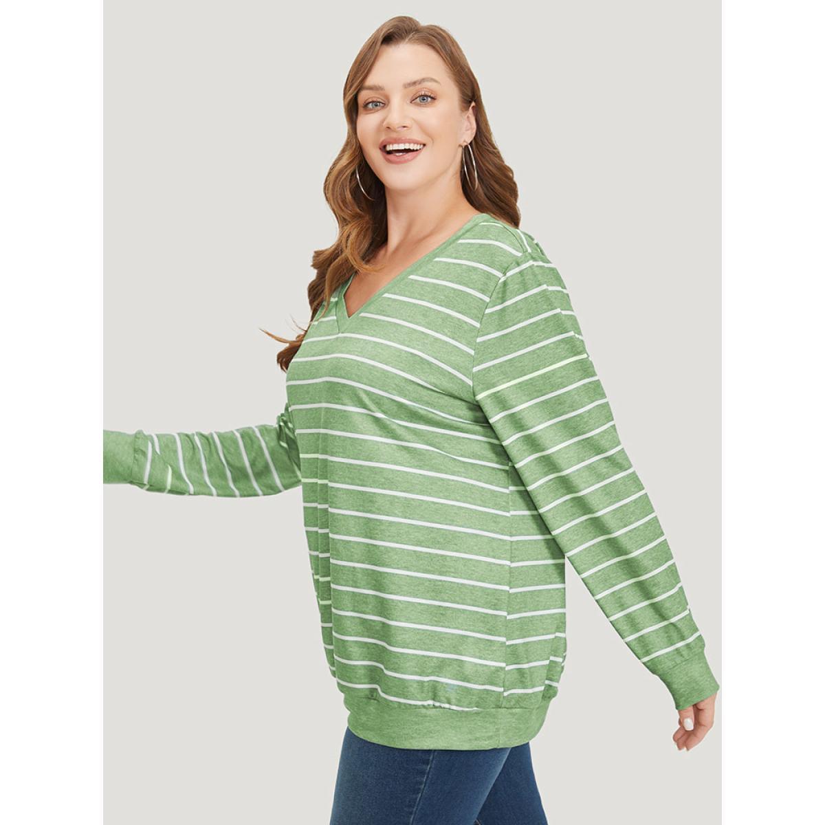 Plus Size Striped Print V Neck Sweatshirt Women Green Casual V-neck Dailywear Sweatshirts BloomChic 18-20/2X Product Image