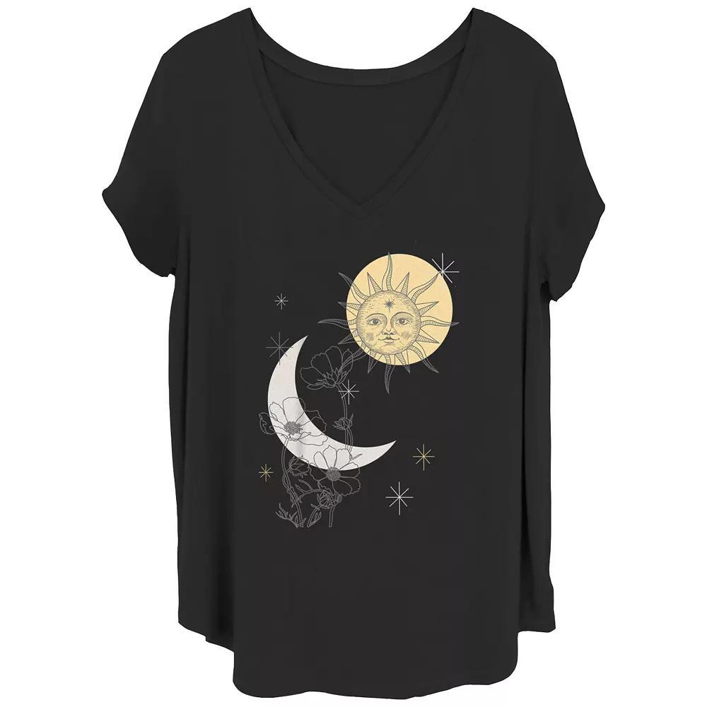 Juniors' Plus Moon And Sun Flowers And Stars V-Neck Graphic Tee, Women's, Size: 2XL, Black Product Image