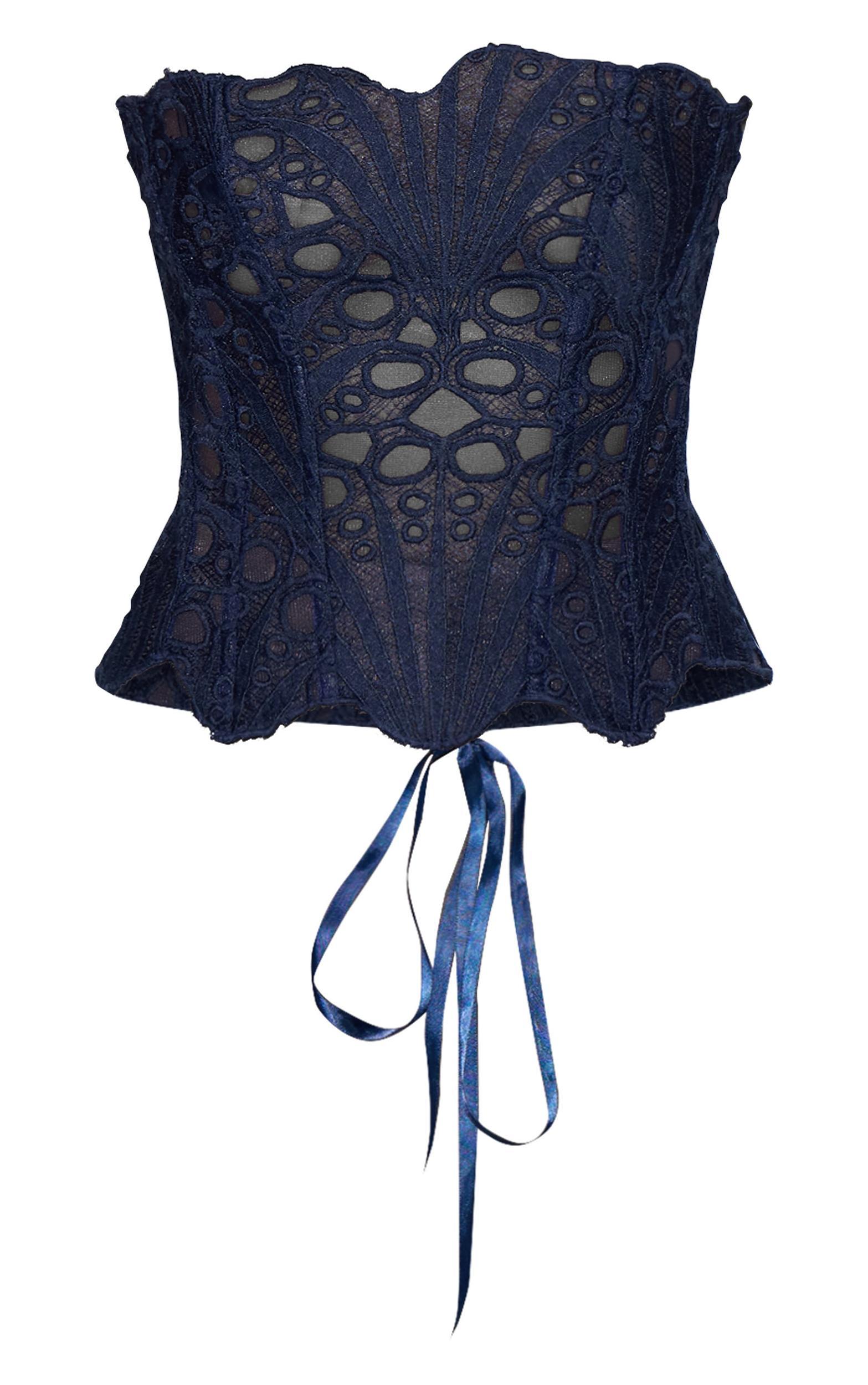 Navy Textured Sheer Floral Lace Corset Product Image