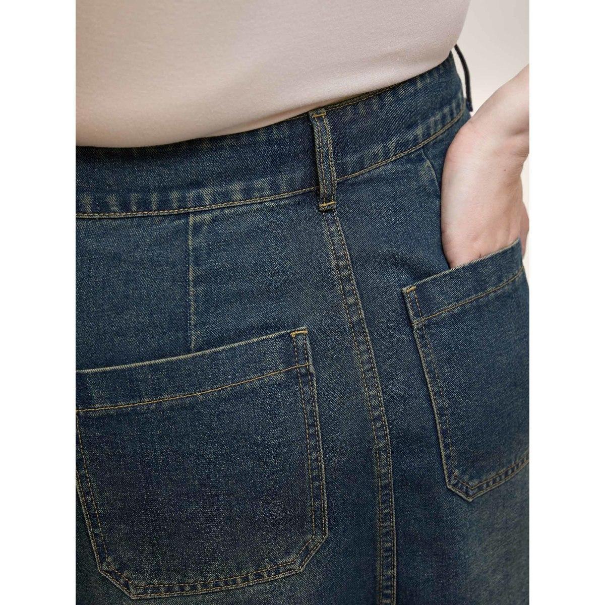 Plus Size A-Line Seamed Denim Skirt Women Bluevintage Everyday-Casual No stretch Medium Wash 22/3X Slanted pocket Denim Skirts BloomChic Product Image