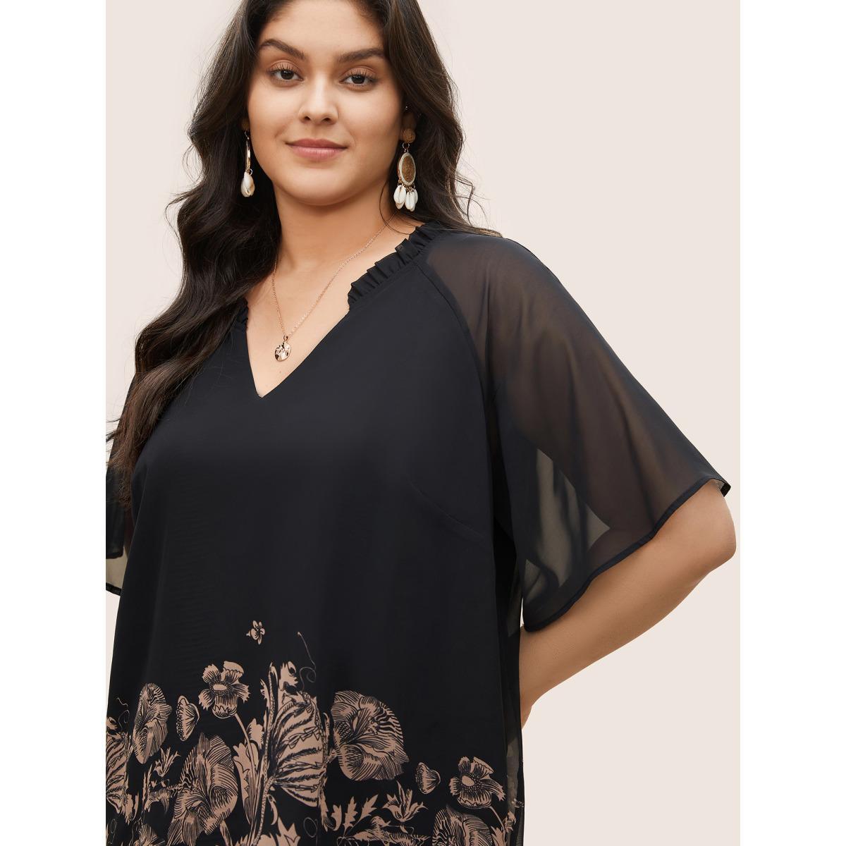 Plus Size Black Boho Print Patchwork Mesh Frill Trim Blouse Women Resort Half Sleeve Notched collar Vacation Blouses BloomChic 22-24/3X Product Image