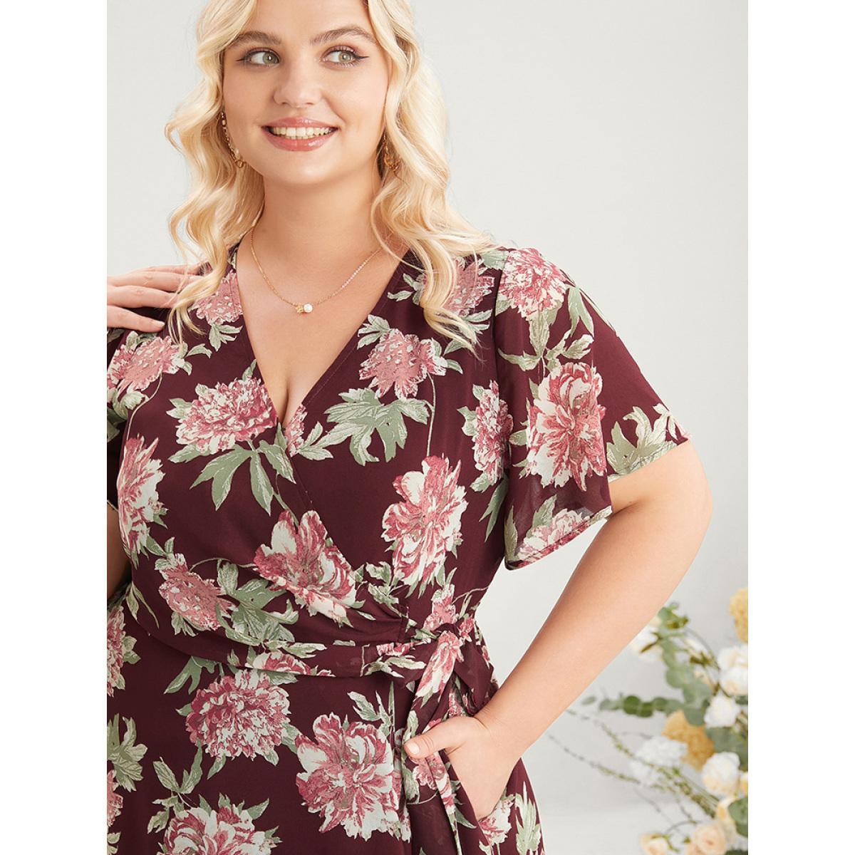 Plus Size Floral Print Belted Surplice Neck Flutter Pocket Maxi Dress Scarlet Women Elegant Wrap Overlap Collar Short sleeve Curvy Long Dress BloomChic 10/M Product Image