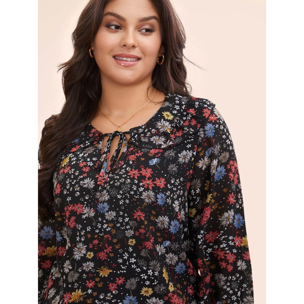 Plus Size Black Chiffon Floral Tie Knot Ruffle Trim Blouse Women Elegant Long Sleeve V-neck Everyday Blouses BloomChic 28/5X Product Image