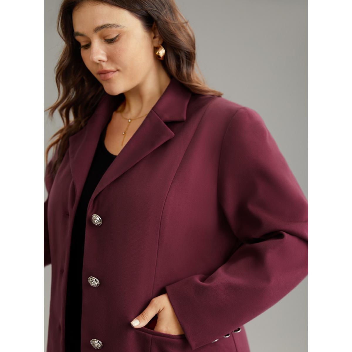 Plus Size Solid Button Fly Pocket Suit Collar Blazer Burgundy Women Work Plain Button Sleeve Long Sleeve Suit Collar 22-24/3X Pocket Elegant Blazers BloomChic Product Image