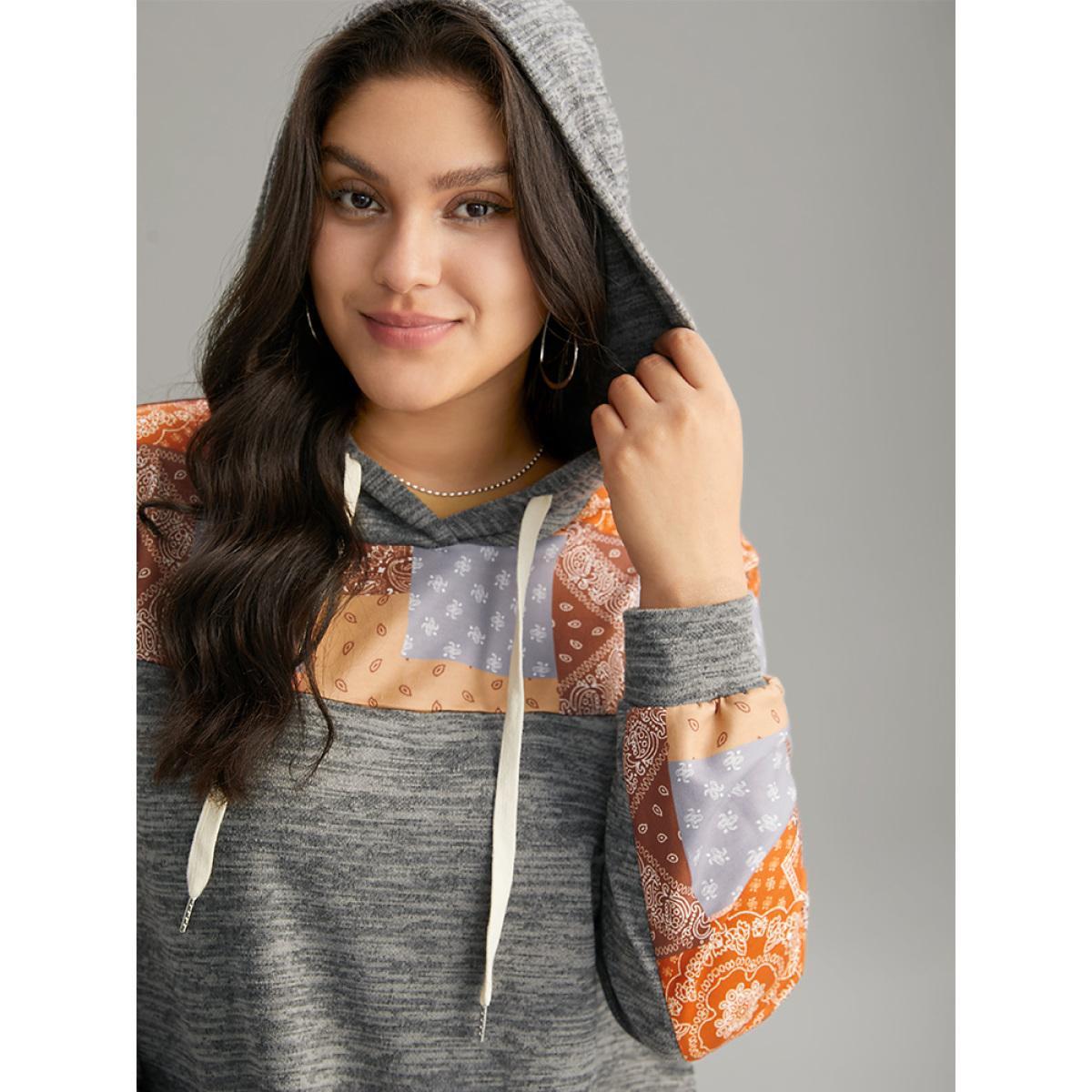 Plus Size Boho Print Contrast Heather Hooded Sweatshirt Women DimGray Casual Contrast Hooded Dailywear Sweatshirts BloomChic 14-16/1X Product Image