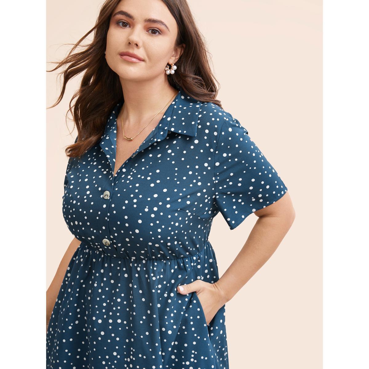 Plus Size Polka Dot Button Detail Split Hem Midi Dress Aegean Women Elegant Button Shirt collar Short sleeve Curvy BloomChic 10/M Product Image