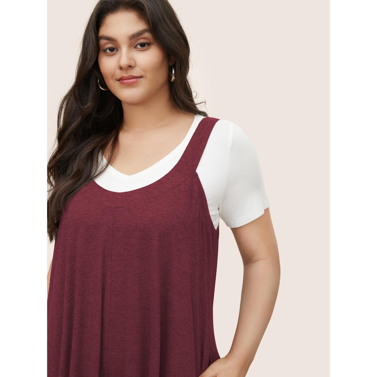 Plus Size Burgundy Supersoft Essentials Solid Pocket Adjustable Straps Jumpsuit Women Casual Sleeveless Non Everyday Loose Jumpsuits BloomChic 30/6X Product Image