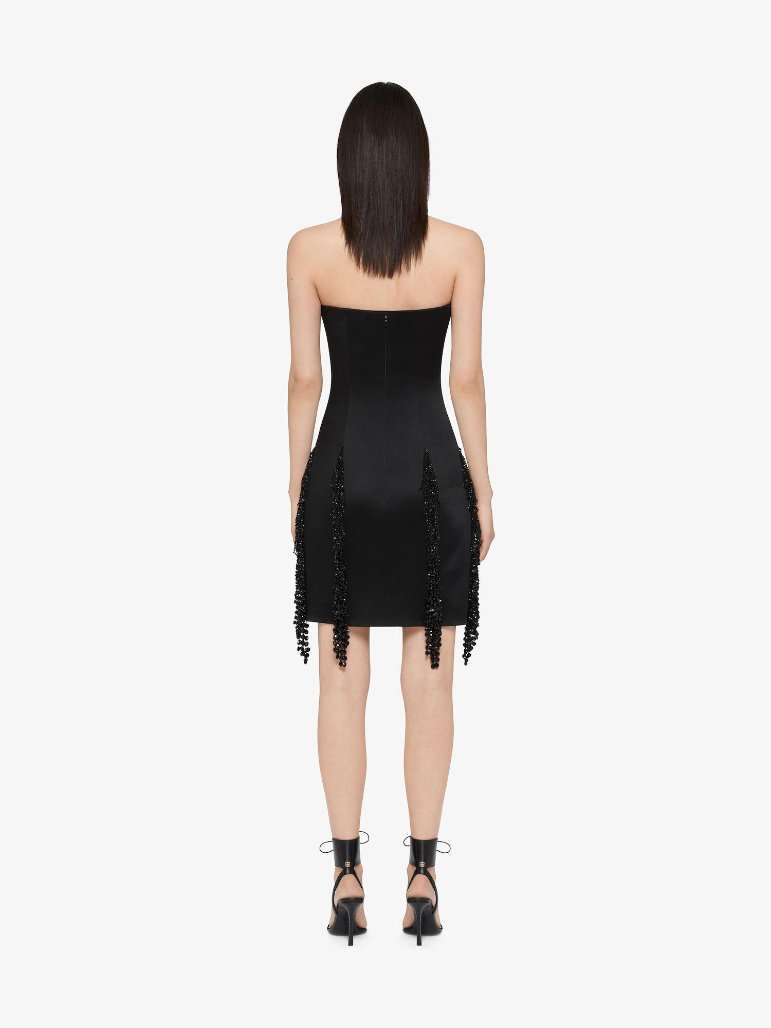 Strapless dress in crepe satin with crystal fringes Product Image
