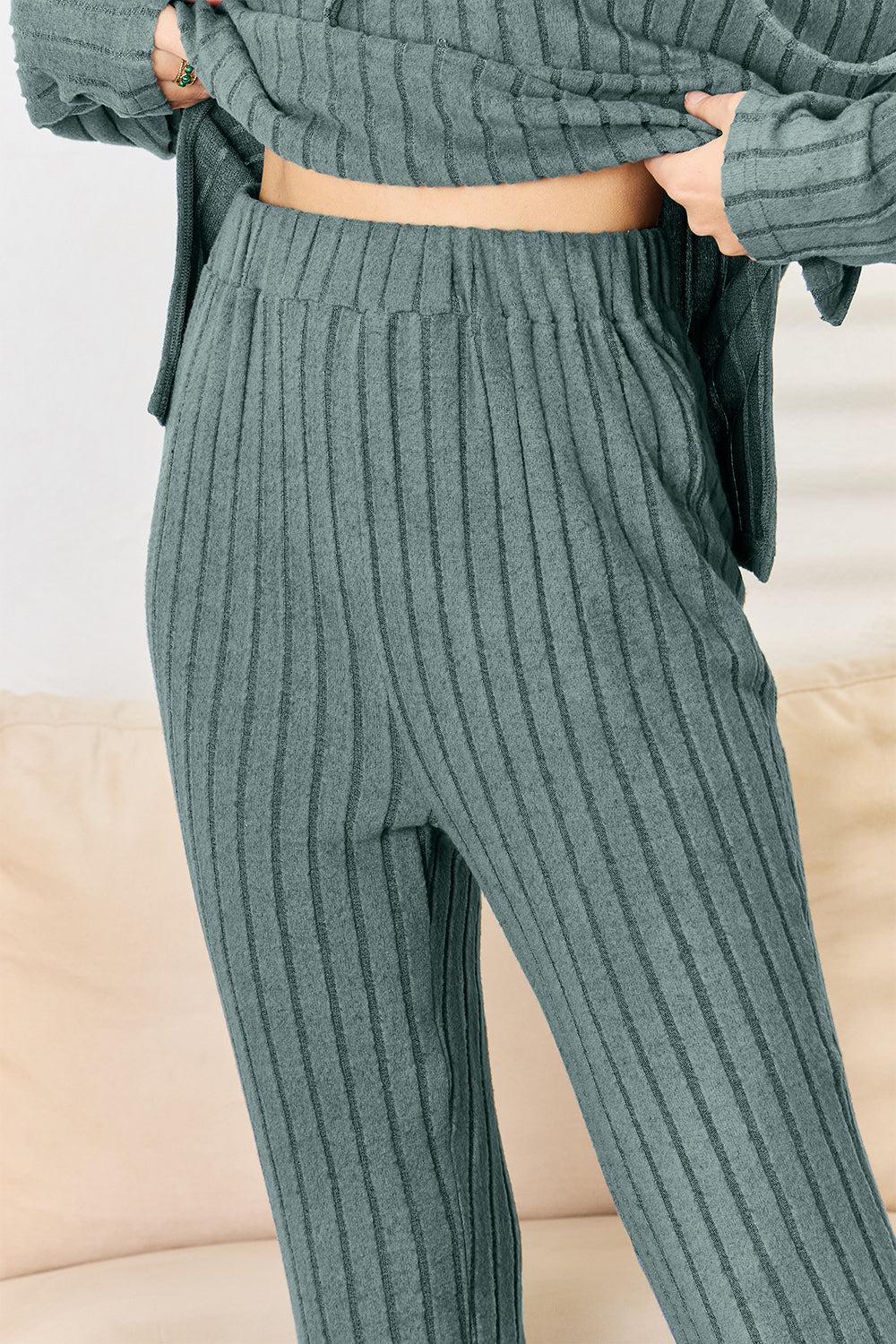 Basic Bae Full Size Ribbed Drawstring Hooded Top and Straight Pants Set Product Image