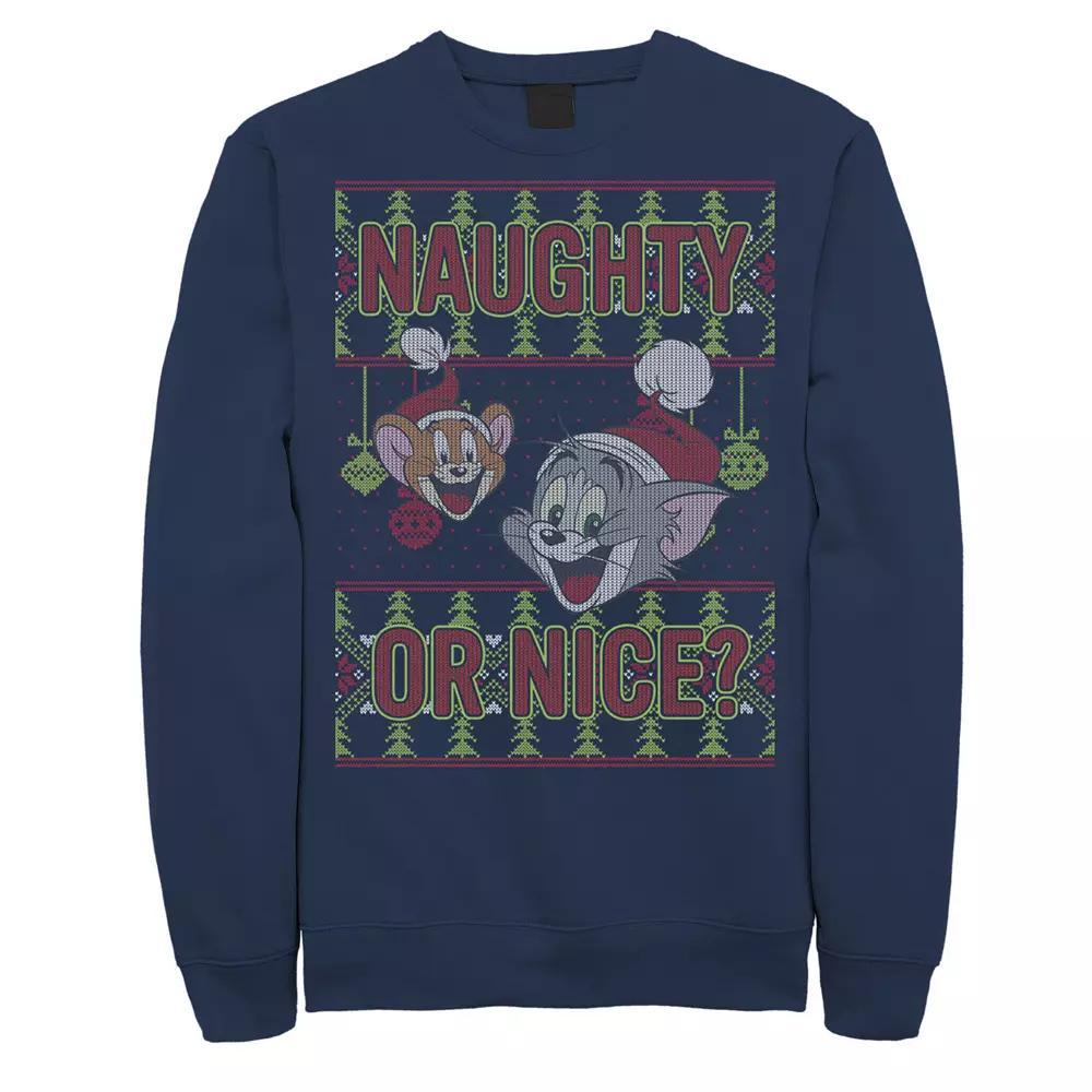 Men's Tom And Jerry Naughty Or Nice Holiday Pattern Graphic Fleece, Size: XL, Blue Product Image
