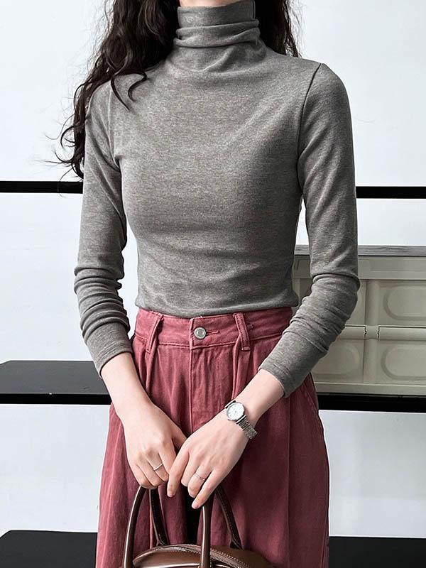 Long Sleeves Skinny Solid Color Split-Joint High Neck T-Shirts Product Image