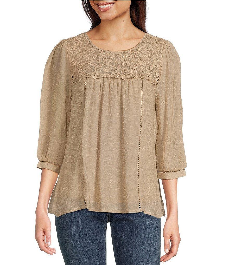Figueroa & Flower Scoop Neck 3/4 Sleeve Lace Yoke Blouse Product Image