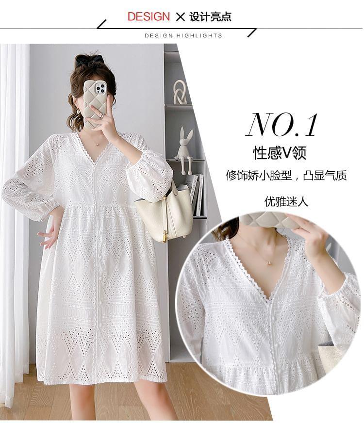 Maternity Puff-Sleeve V-Neck Plain Mini Dress Product Image