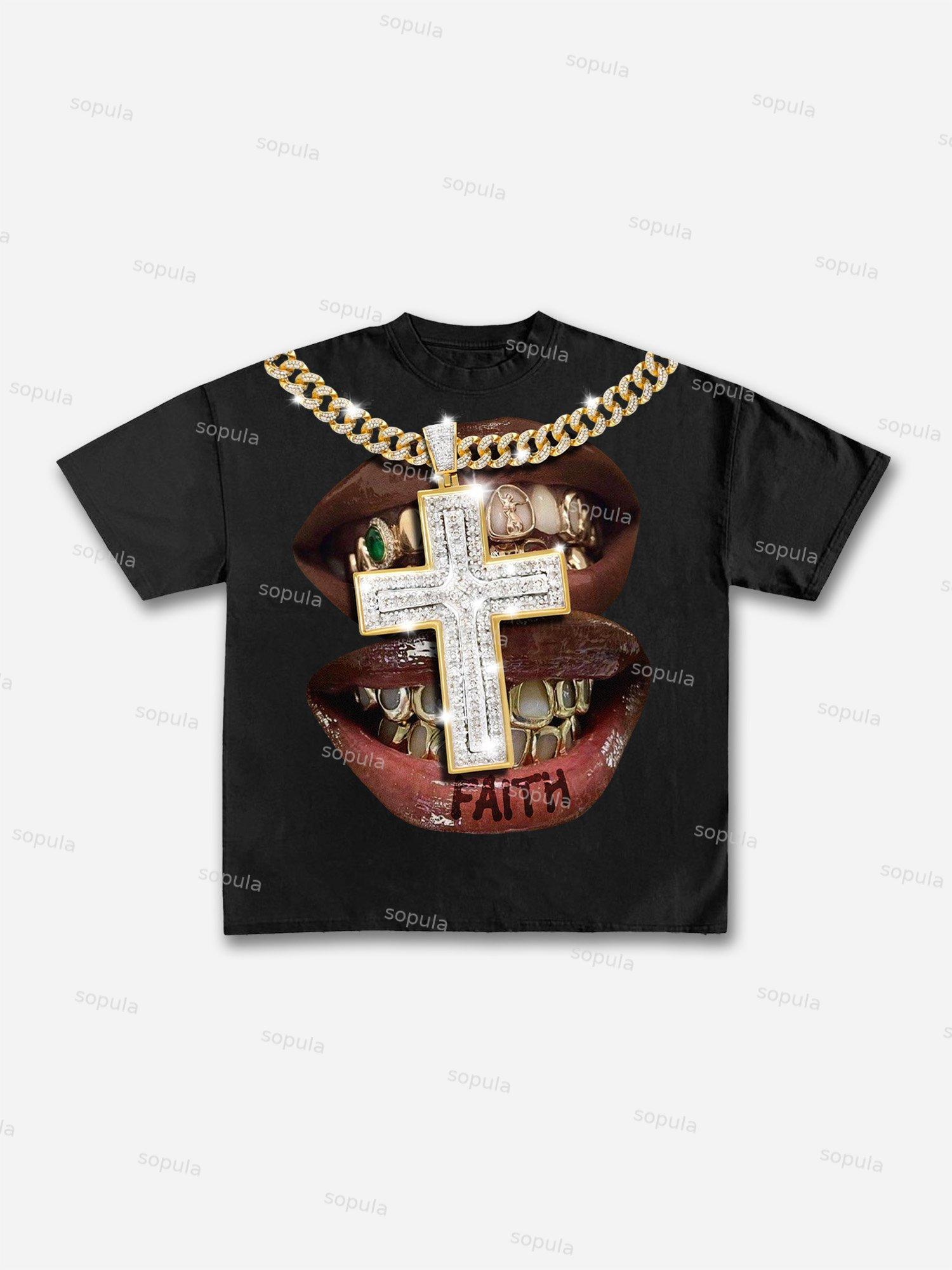 Faith Cross Diamond Necklace Lips Graphic Cotton T-shirt Product Image