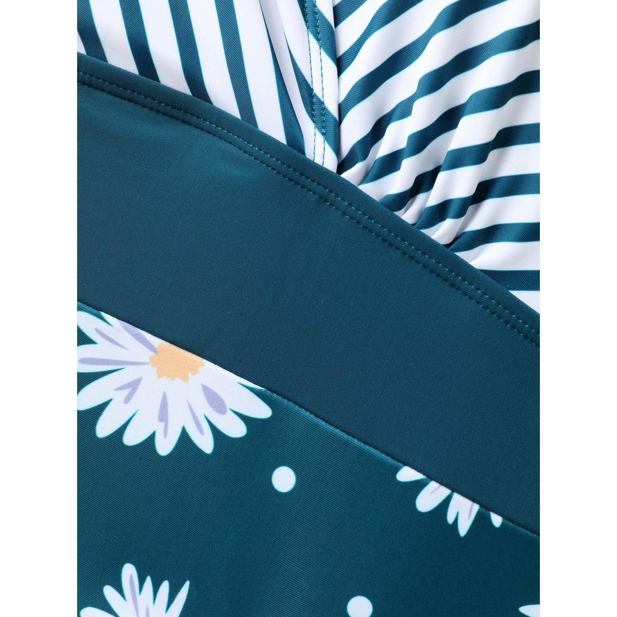 Plus Size Floral Stripe Print Ruched One-Piece Swimsuit Women's Swimwear Cyan Beach Gathered Curve Bathing Suits High stretch One Pieces BloomChic 18-20/2X Product Image