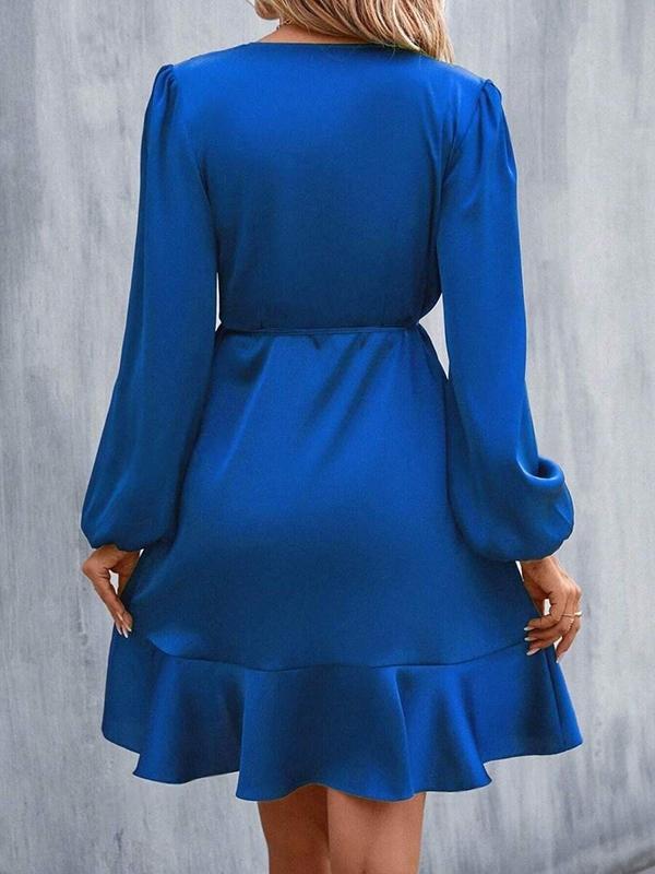 High Waisted High-Low Elasticity Pleated Solid Color Split-Joint Tied V-Neck Mini Dresses Product Image
