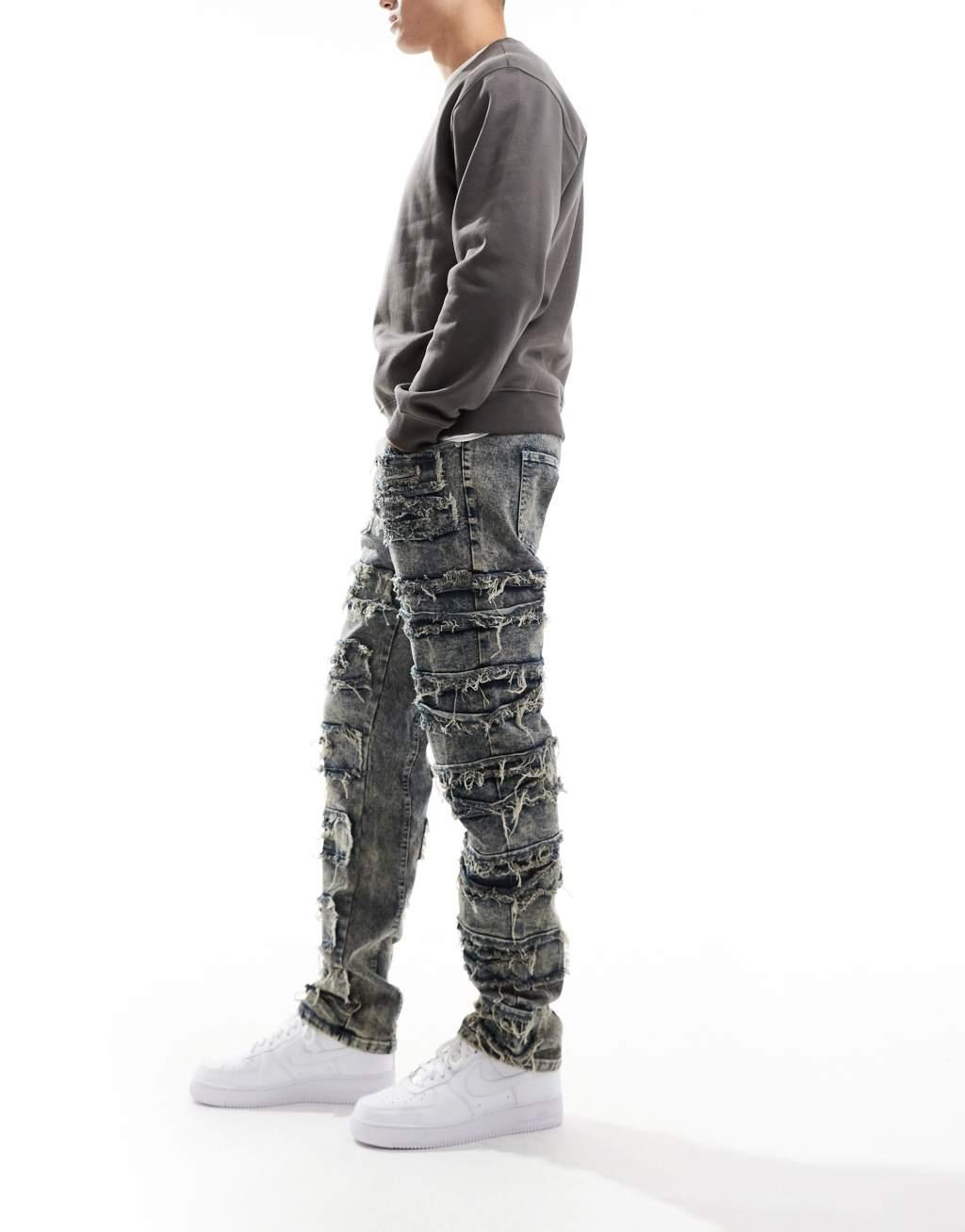 Liquor N Poker frayed stacked denim jean in stone wash Product Image