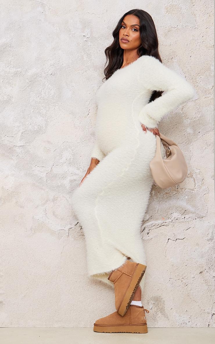 Maternity Cream Slash Neck Long Sleeve Fluffy Knit Maxi Dress Product Image