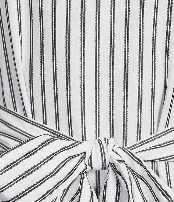 Calessa Short Pearl Sleeve Split V-Neck Tiered Tie Belt Striped Dress Product Image