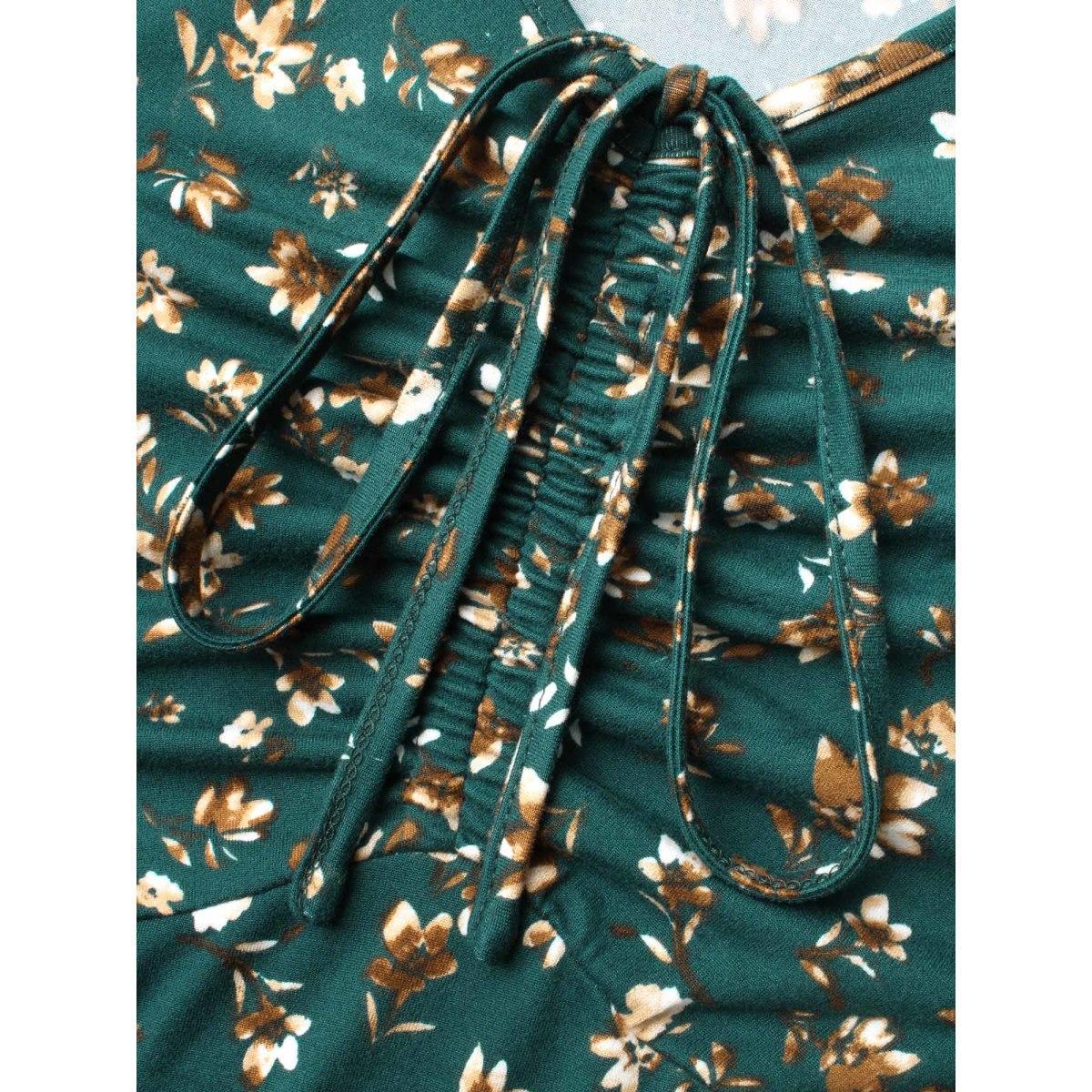 Plus Size Ditsy Floral Chest Drawstring Midi Dress DarkGreen Women Elegant Drawstring Knit Dresses Bloomchic 28/5X Product Image
