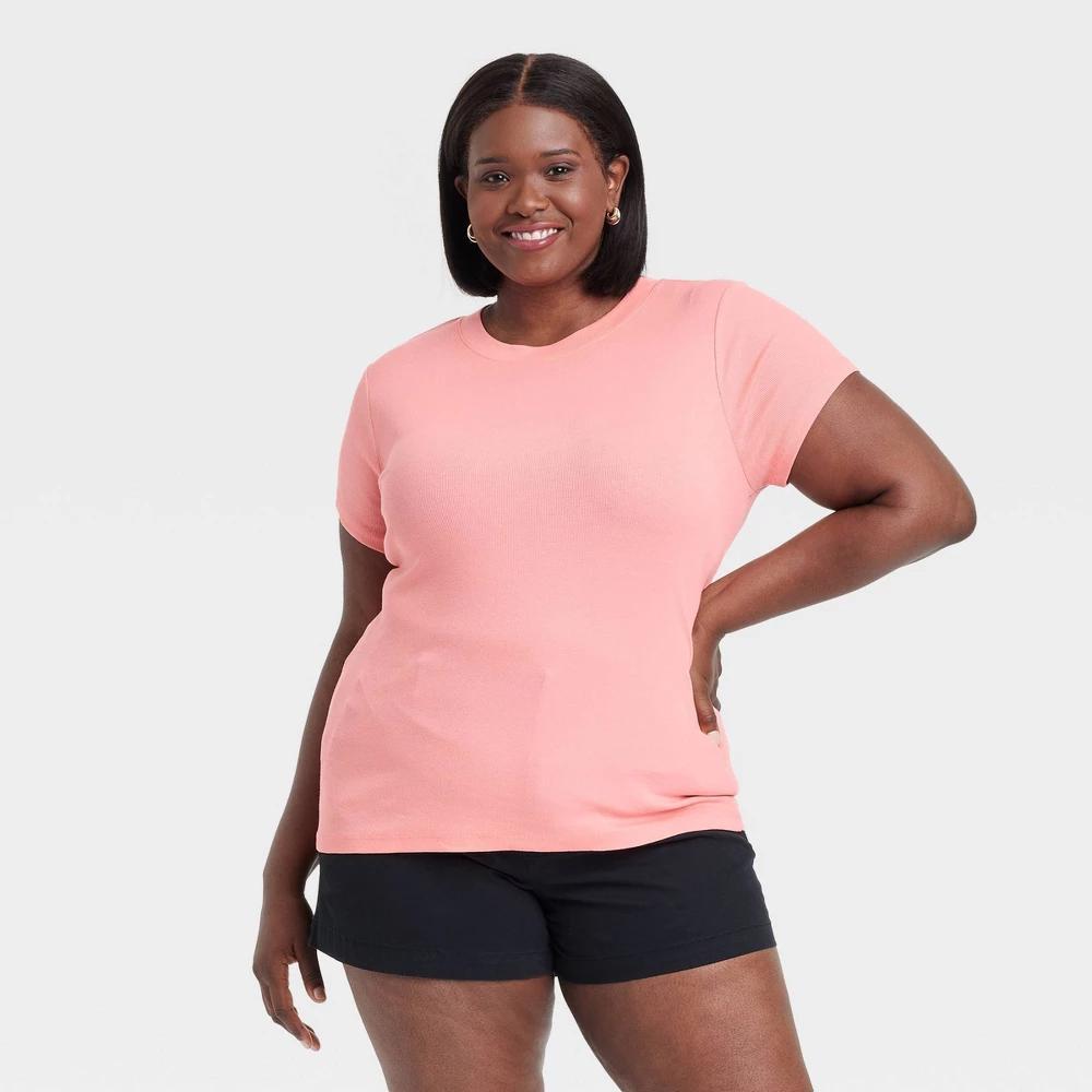 Women's Short Sleeve Ribbed T-Shirt - A New Day™ Light XXL: Cotton Modal Blend, Crew Neck, Pullover, Below Waist Product Image