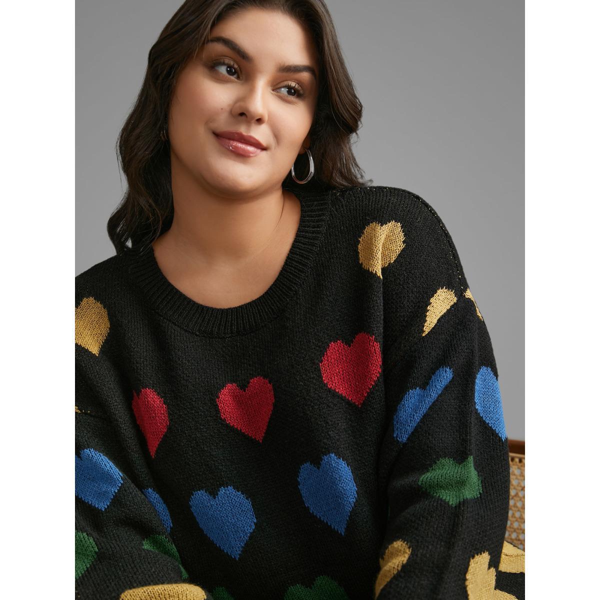 Plus Size Colored Heart Drop Shoulder Sleeve Pullover Black Women Casual Loose Long Sleeve Round Neck Everyday Pullovers BloomChic 22-24/3X Product Image
