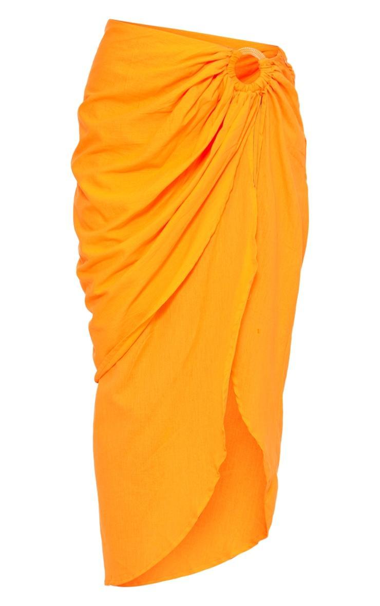 Bright Orange Linen Look Wrap Over Ring Detail Midi Skirt Product Image