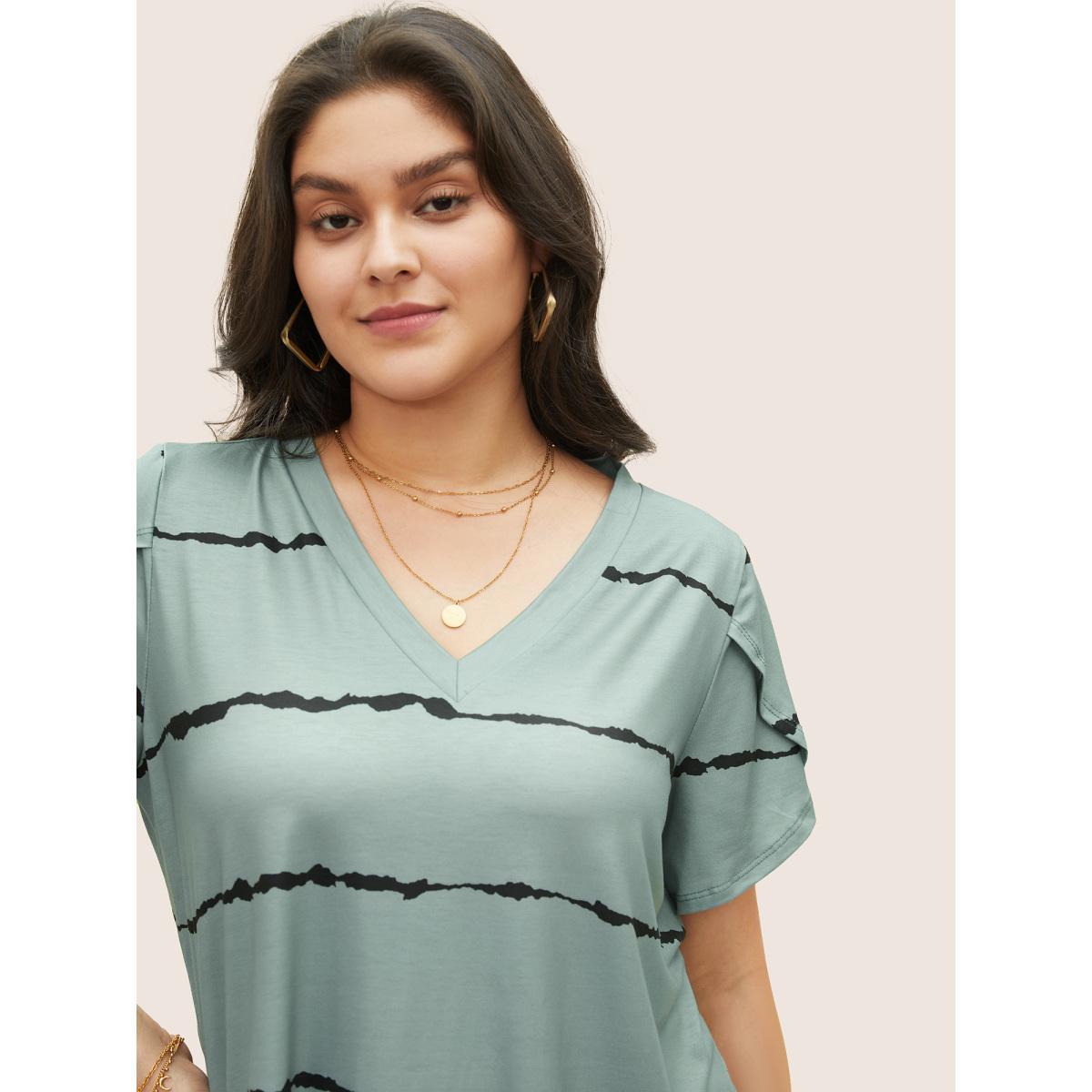 Plus Size Striped Contrast Petal Sleeve T-shirt Mint Women Elegant Striped Everyday T-shirts BloomChic 10/M Product Image