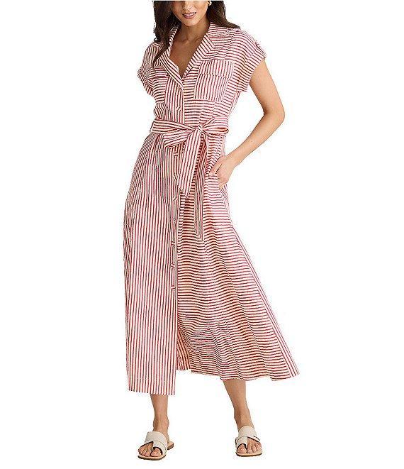Brave + True Portia Short Sleeve Striped Collared Button Front Midi Shirt Dress Product Image