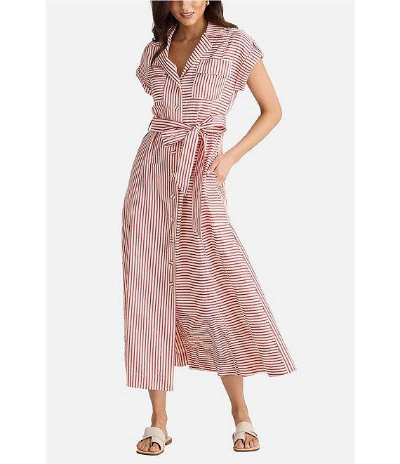 Brave + True Portia Short Sleeve Striped Collared Button Front Midi Shirt Dress Product Image