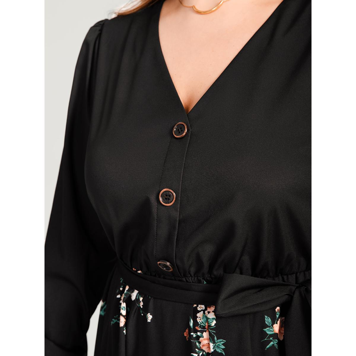 Plus Size Floral Lantern Sleeve Pocket Belted Wrap Flutter Dress Black Women Elegant Belted V-neck Long Sleeve Curvy Midi Dress BloomChic 14-16/1X Product Image