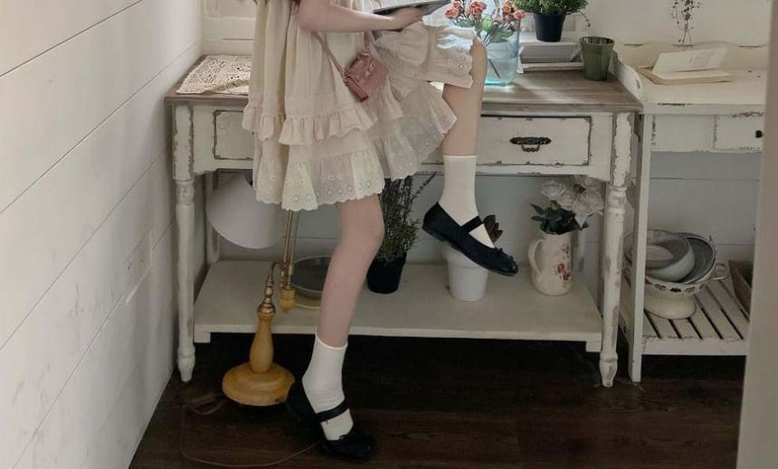 Ruffle Short-Sleeve Round Neck Eyelet Embroidery Mini A-Line Dress Product Image