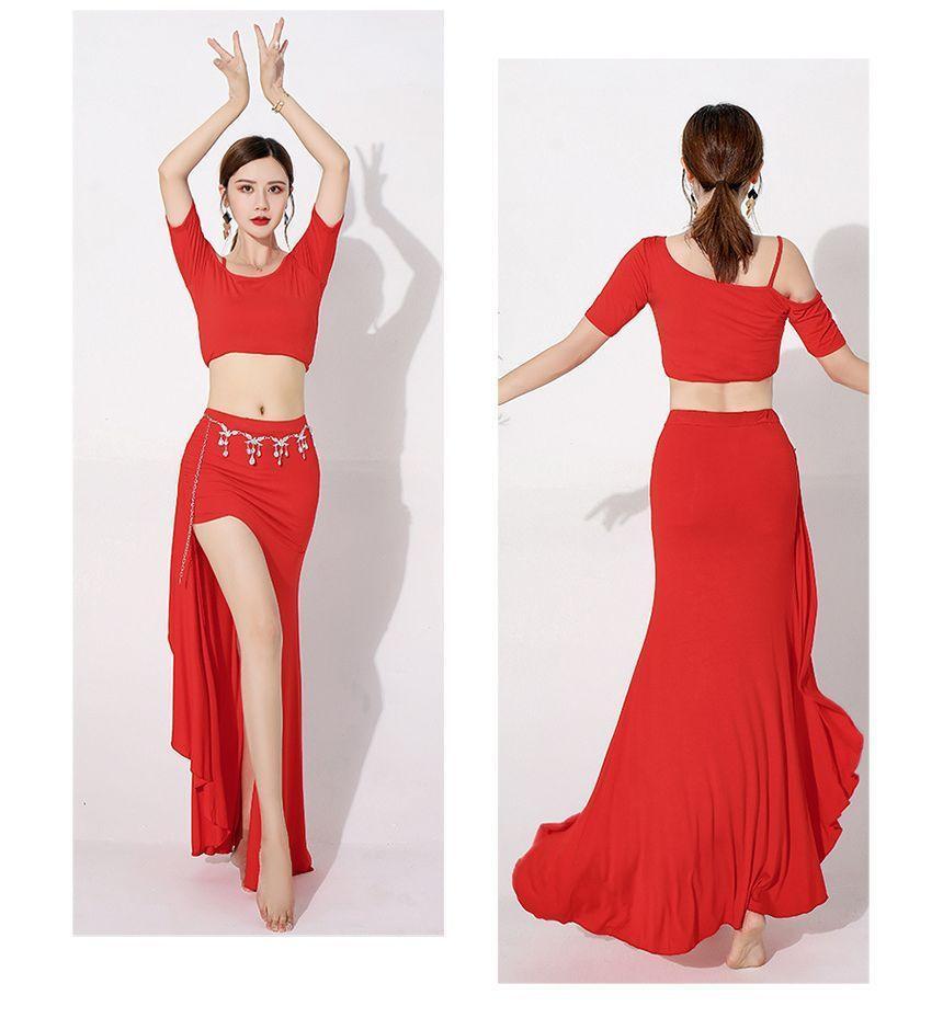 Set: Short-Sleeve Cold-Shoulder Plain Crop Dance Top + Mid Rise Asymmetrical Slit Maxi Pencil Skirt Product Image