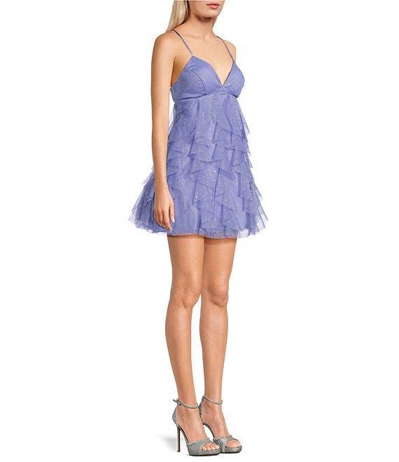 Pear Culture Glitter Mesh V-Neck Empire Waist Spaghetti Strap Star Dress Product Image