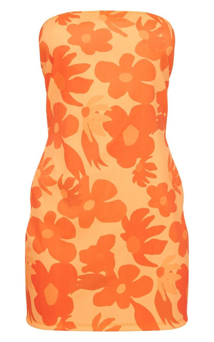 Orange Floral Print Bandeau Bodycon Dress Product Image