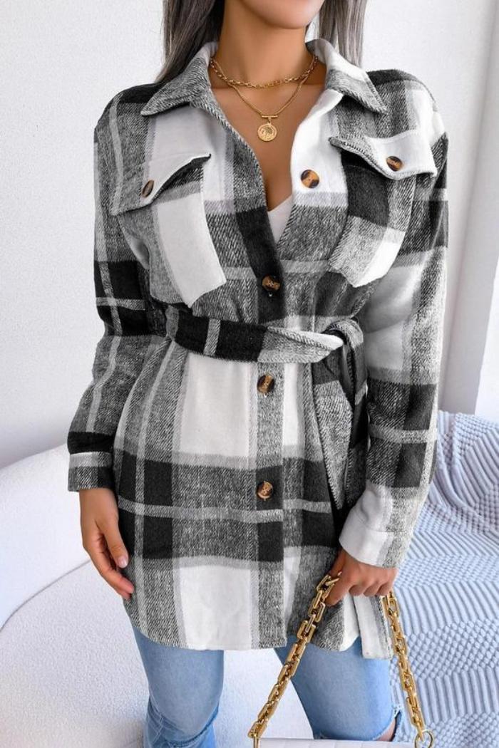 Women Belted Plaid Pattern Button Down Product Image