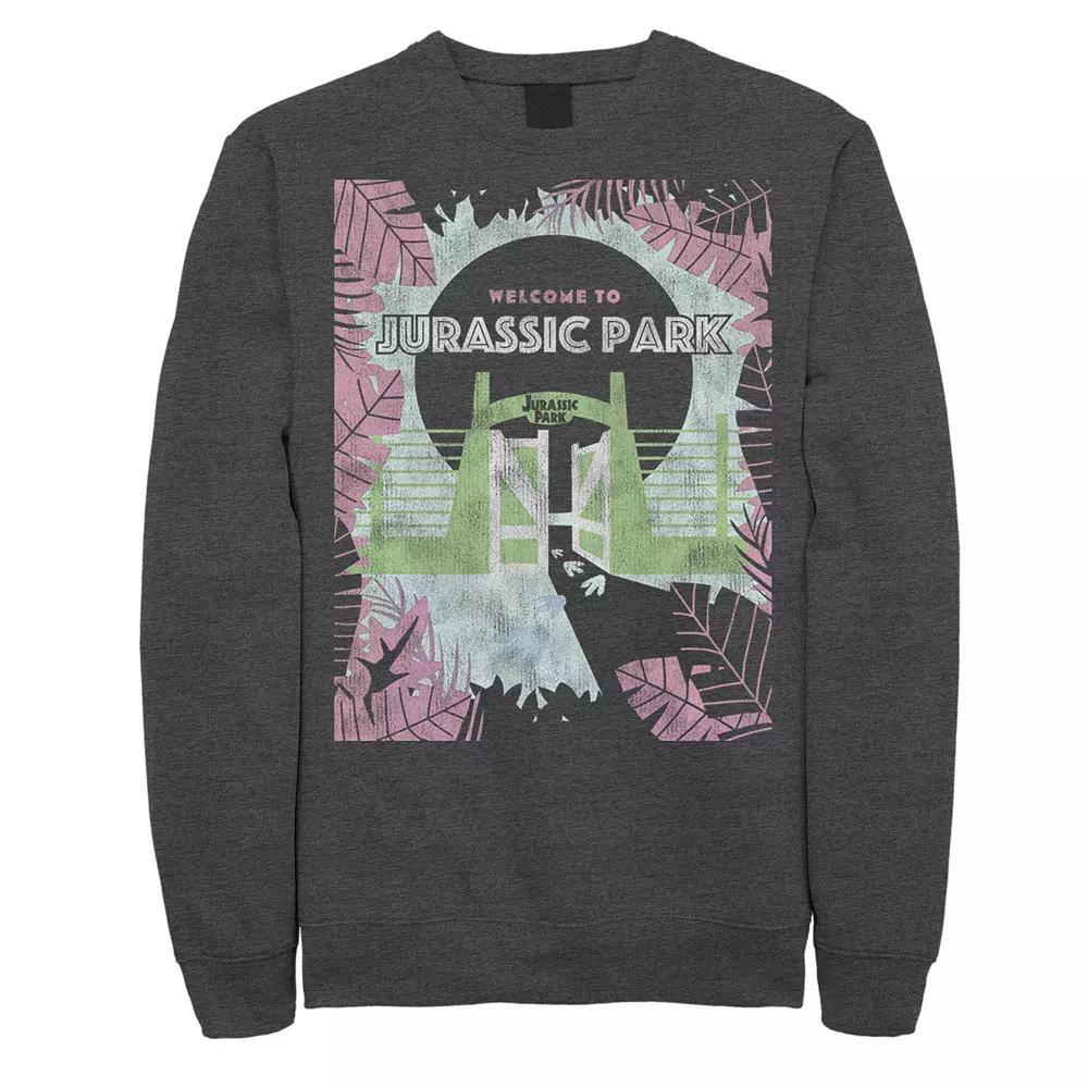 Men's Jurassic Park Welcome To Front Gate Poster Sweatshirt, Size: Small, Grey Heather Product Image